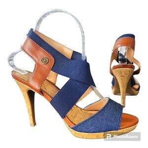 Liz Claiborne LCDapper Navy Blue straps Brown Leather Heel Womens Size 7.5